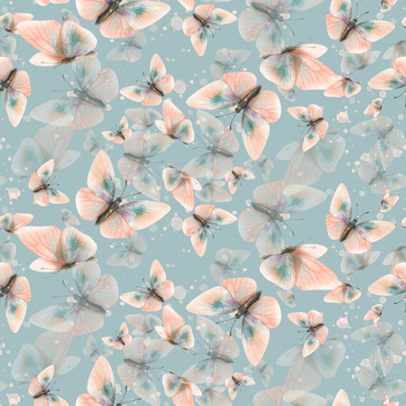 Delicate, flying, elegant butterflies in the trendy pastel color peach fuzz in a vintage style. Hand drawn watercolor illustration. Seamless pattern, repeating ornament on a blue backgroundの写真素材