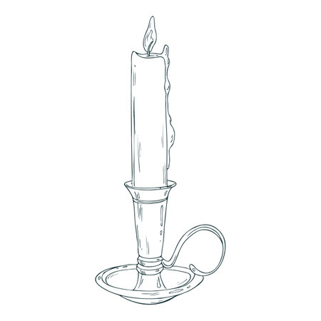 Candlestick with handle with burning candle with wax drips, antique, retro, vintage. Line art is a simple hand-drawn illustration in black and white ink. Isolated vector EPS object.のイラスト素材