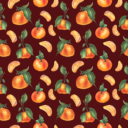 Orange tangerines with green branch and leaves, citrus tropical fruit, whole and slices. Watercolor...