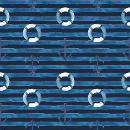 Lifebuoy with anchor on with blue nautical stripes. Watercolor illustration, hand drawn in childish style. Seamless pattern on a dark blue backgroundの写真素材
