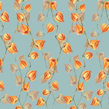 Autumn orange physalis berries on branches dry, without leaves dried flowers. Watercolor hand-drawn illustration. Seamless pattern on blue background.の写真素材