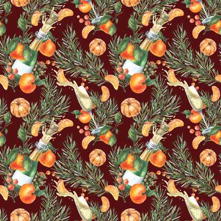 Tangerines with pine branches and cones, champagne in bottles and glasses. Hand drawn watercolor illustration for christmas fabric, textile, wrapping paper. Seamless pattern on a burgundy background.の写真素材