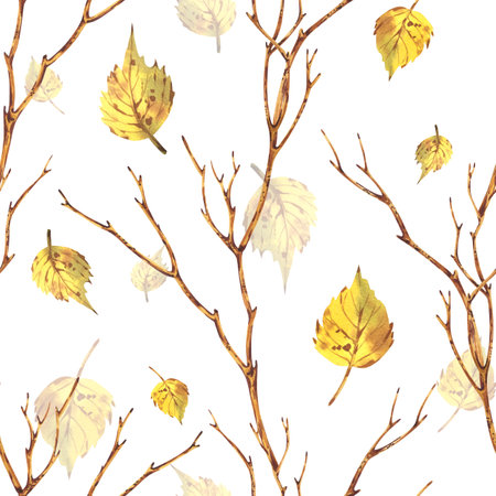 Autumn tree branches, trees, brown with falling yellow birch leaves, autumn forest, park, garden. Watercolor hand drawn illustration. Seamless pattern on white background.の写真素材