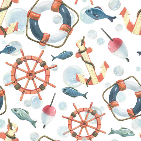 Anchor, ships wheel, lifebuoy, fishing float with fish and bubbles. Watercolor hand-drawn illustration. Seamless pattern, endlessly repeating ornament, on a white background.の写真素材