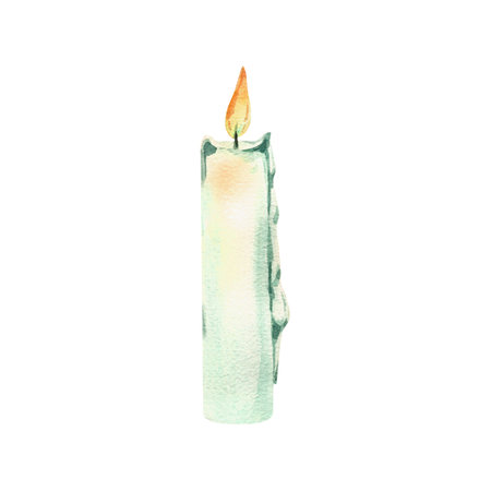 Wax candle white, beige, blue tall with wax drips and burning flame orange and yellow. Watercolor illustration hand-drawn. Separate object isolated from the background.の写真素材