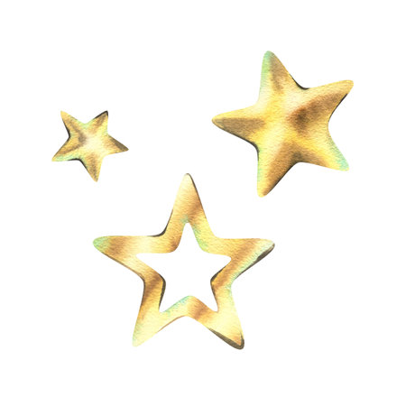 Golden stars, New Years toys for decoration and other holidays, yellow, volumetric. Watercolor illustration, hand-drawn. Set of individual elements isolated from the background.の写真素材