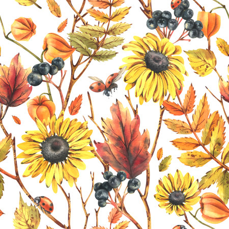 Autumn berries physalis, chokeberry, rowan leaves, maple, birch, rudbeckia flowers tree branches and ladybugs. Watercolor illustrations. Seamless pattern on a white backgroundの写真素材