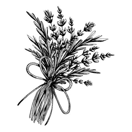 Lavender flowers and leaves, twigs collected in a bouquet and tied with a twine thread bow. Illustration hand drawn graphic line art black and white ink. Sublimation arrangement.のイラスト素材