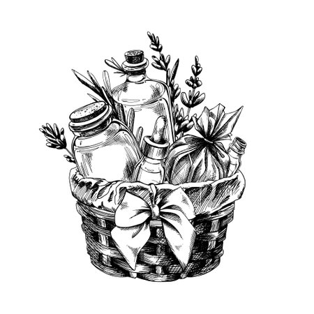 Handmade lavender cosmetics, jars, bath bomb, serum flowers and leaves, in a wicker basket decorated with a bow. Illustration hand drawn graphic line art black and white ink. Sublimation arrangement.のイラスト素材