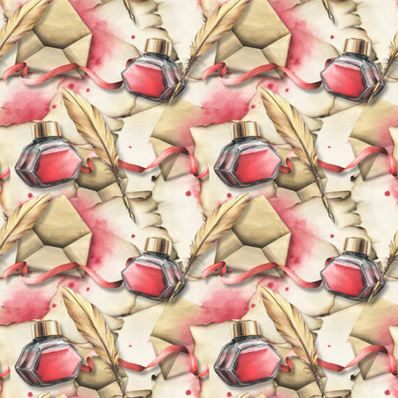 For Valentines Day, seamless pattern with envelopes, papyrus, red ink, pen and ribbons. Hand drawn watercolor illustration.の写真素材