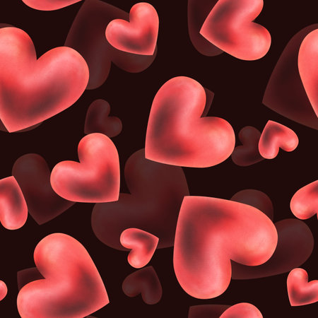 Hearts red passionate, voluminous, different sizes and tilts, romantic for weddings, Valentines Day. Watercolor illustration hand-drawn. Seamless pattern on a dark background, infinitely repeating.の写真素材