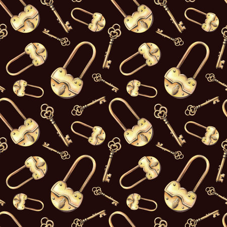 Golden metal lock with heart-shaped hole and key, retro vintage style romantic wedding and valentines day set. Hand drawn watercolor illustration. Seamless pattern on dark background.の写真素材