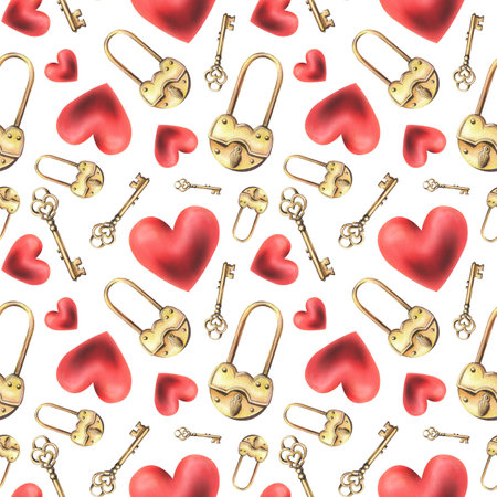 Gold metal padlock with a hole and key heart shape, red hearts. Hand drawn watercolor illustration. Seamless pattern on a white backgroundの写真素材