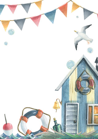 Fishing cabin with a lifebuoy, a bottle of alcohol, a flying seagull, a float on the water, with garlands of flags, bubbles. Watercolor illustration hand-drawn. Vertical frame, empty template for textの写真素材