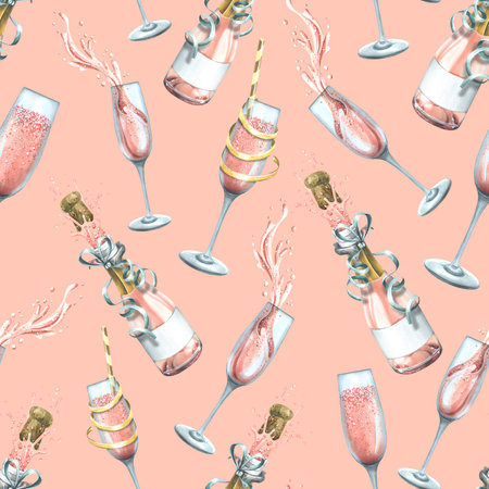 Bottles and glasses with pink champagne, with festive ribbons. Watercolor illustration. Seamless pattern on a pink background from a large set of HAPPY BIRTHDAY. For congratulations and giftsの写真素材