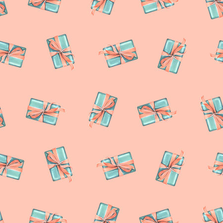 Gift boxes with ribbons and bows in coral and turquoise colors on a pink background. Watercolor illustration, hand drawn. Seamless pattern for congratulations, wrapping paper, holiday decorationの写真素材
