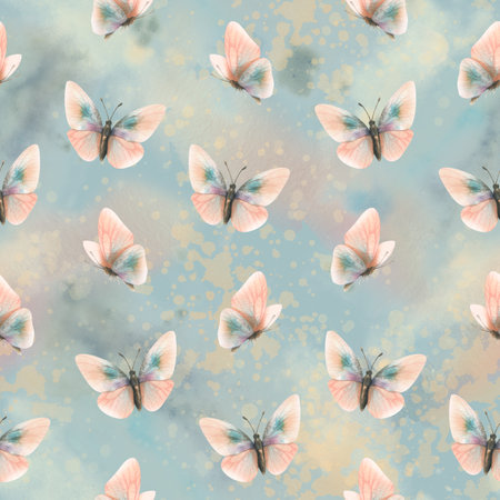 Delicate, flying, elegant butterflies in the trendy pastel color peach fuzz in a vintage style. Hand drawn watercolor illustration. Seamless pattern, repeating ornament on a blue backgroundの写真素材