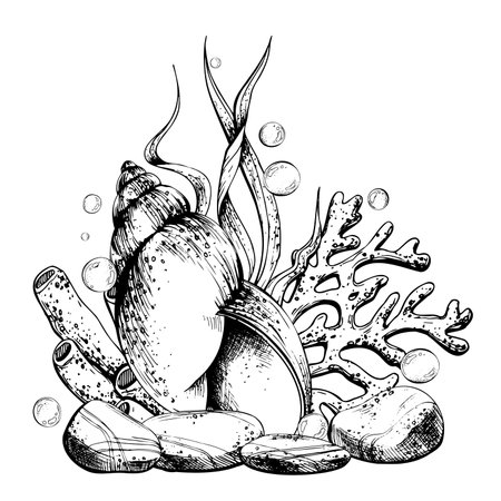 Sea shell, coral, sea sponge, algae, pebbles and bubbles. Hand drawn graphic illustration in black and white color line art. Sublimation arrangement on marine themeのイラスト素材