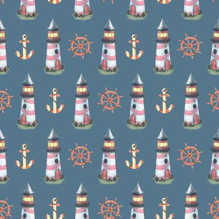 Seamless marine pattern on a white background with lighthouses, steering wheels and anchors. Watercolor illustration. For fabric, textiles, wallpaper, paper, packaging, childrens productsの写真素材