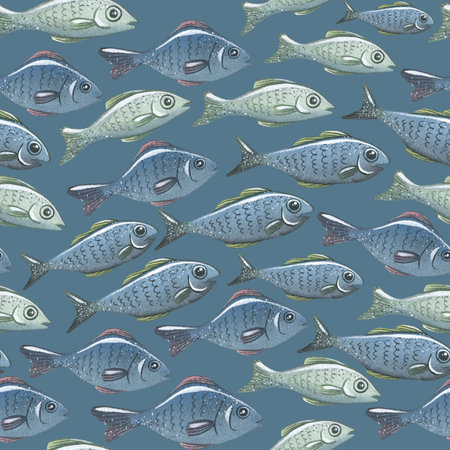 Simple fish and bubbles in a watercolor, seamless pattern. A flock, a school of fish, in blue-gray color. For decoration and design of fabrics, textiles, wallpaper, covers, equipment of fishermenの写真素材