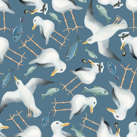 Sea gulls. flying, standing in a captains cap and smoking a pipe. Watercolor illustration. Seamless pattern. For decoration of wallpaper, fabrics. textiles, clothing, prints, paperの写真素材