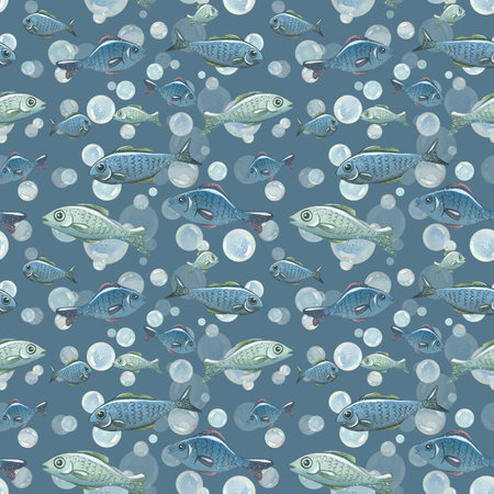 Blue water bubbles of different sizes with fish in a chaotic order. Watercolor hand-drawn illustration. Seamless pattern, endlessly repeating ornament, on a blue backgroundの写真素材