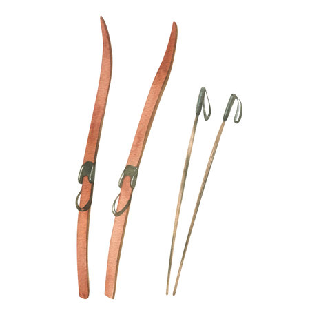 Retro red-brown skis with boot bindings with ski poles stuck in snow. Watercolor winter illustration...