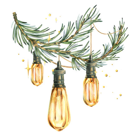 Retro Edison bulbs shine hanging on wires on pine branch with sparkling stars. New Year, Christmas watercolor illustration hand drawn. Composition, sublimation, arrangement isolated from backgroundの写真素材