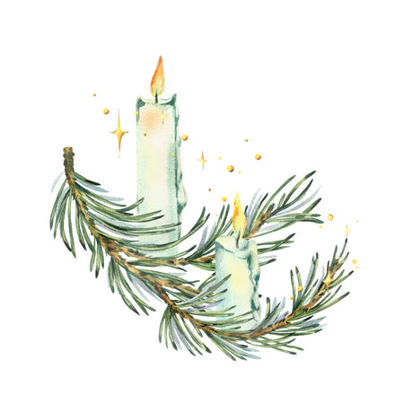 Burning white candles placed on pine branches with twinkling stars and lights. New Year, Christmas watercolor illustration, hand drawn. Composition, arrangement, sublimation isolated from backgroundの写真素材