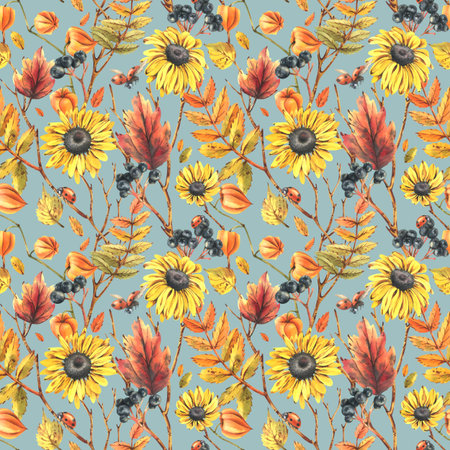 Autumn berries physalis, chokeberry, rowan leaves, maple, birch, rudbeckia flowers tree branches and ladybugs. Watercolor illustrations. Seamless pattern on a blue backgroundの写真素材