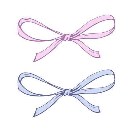 Satin, small, simple bow made of fabric, thin ribbons. Graphic sketch illustration hand drawn line art, outline in blue and pink. Single isolated element vector EPS, for hair decoration, clothes giftsのイラスト素材