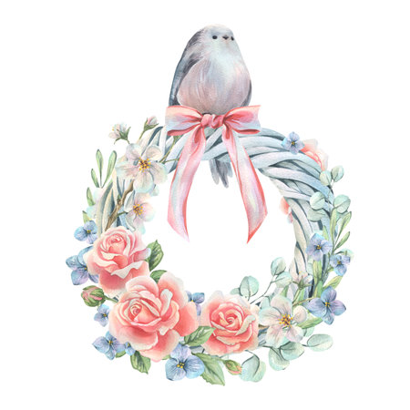 Spring wreath with flowers roses, hydrangea, apple tree, eucalyptus, bow and bird. Watercolor illustration hand drawn in soft pastel colors. Round frame, wreath, template isolated from background.の写真素材