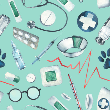 Veterinary medical instruments, medicines, stethoscope, blue cross on a turquoise background. Watercolor illustration, hand drawn. Seamless pattern for wallpaper, packaging, fabric, clothesの写真素材
