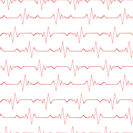 Red heartbeat graph, cardiogram. Watercolor illustration. Seamless pattern on a white background. For fabric, textile,wallpaper, paper.の写真素材