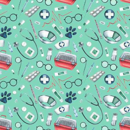 Veterinary medical instruments, medicines, stethoscope, blue cross on a turquoise background. Watercolor illustration, hand drawn. Seamless pattern for wallpaper, packaging, fabric, clothes.の写真素材