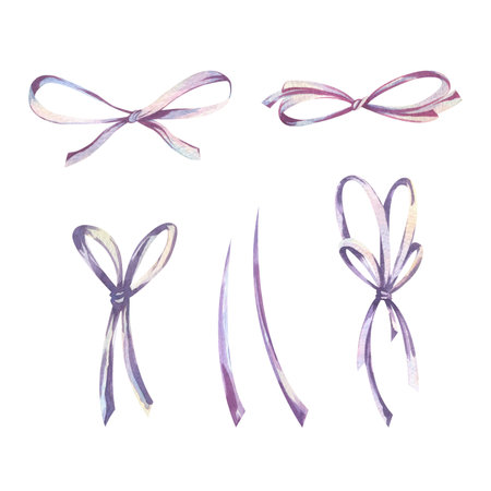 Bows thin small elegant satin simple in lilac and violet shades. Watercolor illustration, hand-drawn on the theme of Bows coquettes. Set of elements isolated from the background.の写真素材