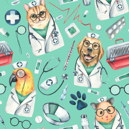 Veterinary doctors hamster, dog, cat, parrot, pet carrier, medicines. Watercolor illustration, hand drawn Seamless pattern on turquoise background.の写真素材