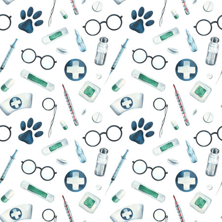 Veterinary medical instruments, medicines, blue cross. Watercolor illustration, hand drawn. Seamless pattern for wallpaper, packaging, fabric, clothes on a white background.の写真素材