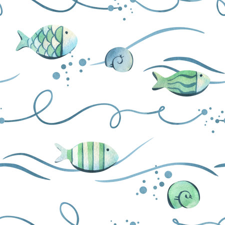 Cute decorative fishes of blue and turquoise colors swim with bubbles, shells and wave lines. Watercolor illustration hand-drawn on the theme of sea and fishing. Seamless pattern on a white backgroundの写真素材