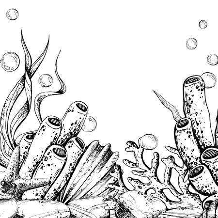 Seahorse, jellyfish, seashell, coral, starfish, sea sponge, algae, pebbles and bubbles. Hand drawn graphic illustration in black and white color line art. Frame template for text on marine sea themeのイラスト素材