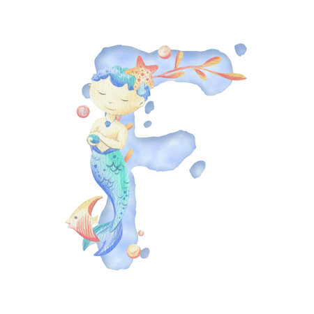 Capital letter of the Latin alphabet F with a mermaid and seaweed, corals, shells, bubbles. In gentle pastel colors of blue, turquoise, coral and pink. Watercolor illustration hand-drawn. Compositionの写真素材