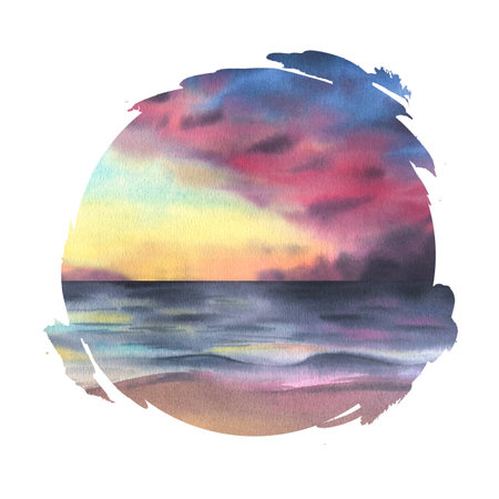 A circular watercolor painting of a breathtaking sunset, with warm tones blending over calm waves. Perfect for logos, stickers, packaging, and coastal-themed designs. Handmade, artistic touch.の写真素材