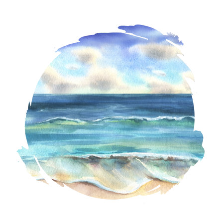 A round watercolor seascape featuring a sunny sky and gentle waves. Versatile for branding, social media, prints, and nautical designs. Soft, artistic, and visually appealing.の写真素材