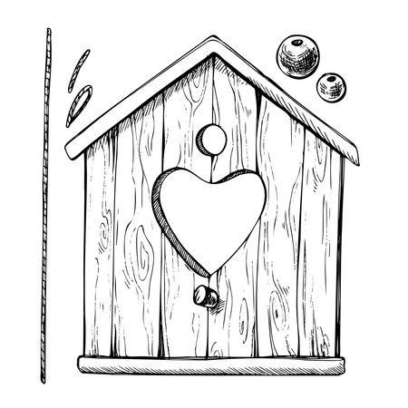 Birdhouse wooden, hanging with a hole in the shape of a heart with a rope and beads. Graphic line art hand drawn with ink black and white illustration. Set of elements isolated Vector clip artのイラスト素材