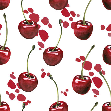 Red, ripe cherries, individual berries with stems, drops of juice. Watercolor hand-drawn illustration on the theme of fruits, food and desserts. Seamless pattern, ornament on a white backgroundの写真素材