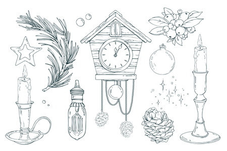 Vintage winter holiday set in hand drawn line art style. Includes candles, clock, ornaments, fir branches, and berries. Detailed black ink illustration for Christmas decor.のイラスト素材