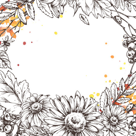 Square autumn frame with a sunflower centerpiece and watercolor splashes. Created in hand drawn illustration technique with fine line art and warm seasonal elements.のイラスト素材
