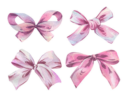 Hand drawn watercolor illustration of a collection of flirty bows coquette in satin, silk, fabric, pink, purple, perfect for romantic patterns, compositions, stickers, decor, frames and invitations.の写真素材