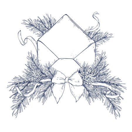Paper envelope for a letter surrounded by pine branches, cones, ribbons and decorated with a bow. Illustration line art graphics hand-drawn. Ideal for holiday prints and seasonal compositions.のイラスト素材