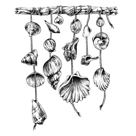 Hanging vertical composition of seashell garlands with beads in monochrome, hand drawn line art illustration, perfect for nautical decorative designs, posters, cards, and marine themed layouts.のイラスト素材
